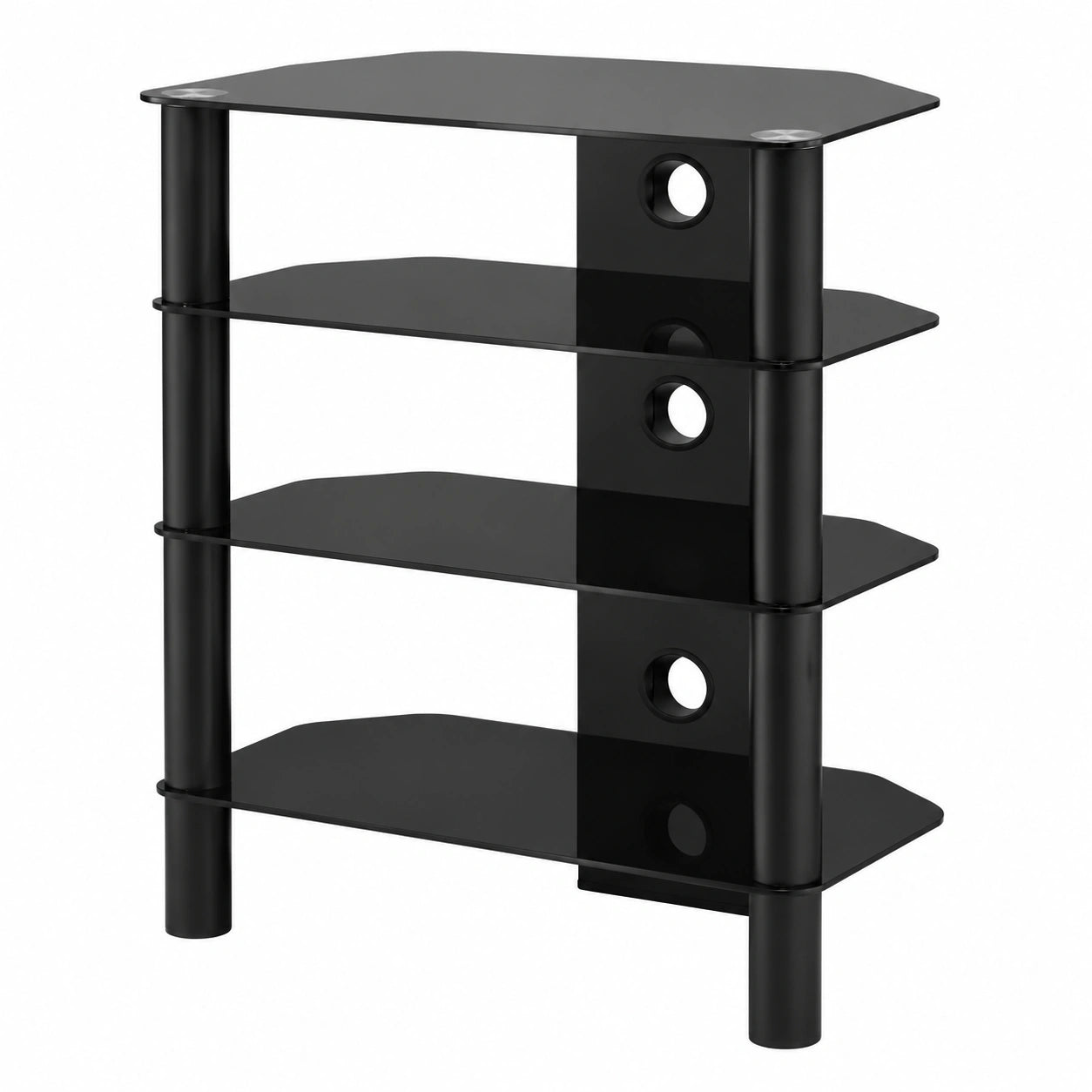 Mueble HiFi RO&CO RX-2140-BLK con 4 Estantes de Vidrio Templado Negro y Chasis de Aluminio, Sistema Ocultacables, Soporta Hasta 65 kg