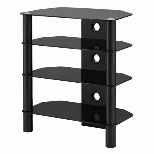 Mueble HiFi RO&CO RX-2140-BLK con 4 Estantes de Vidrio Templado Negro y Chasis de Aluminio, Sistema Ocultacables, Soporta Hasta 65 kg