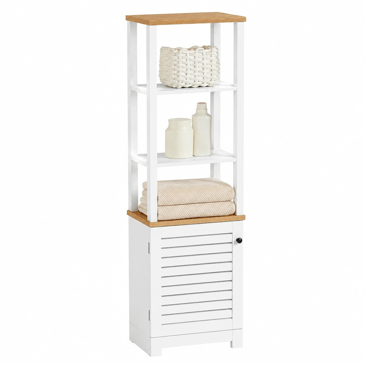 Armario Alto de Baño SoBuy con Puerta de Lamas y Estantes Abiertos, Blanco/Natural, 40x160x30 cm