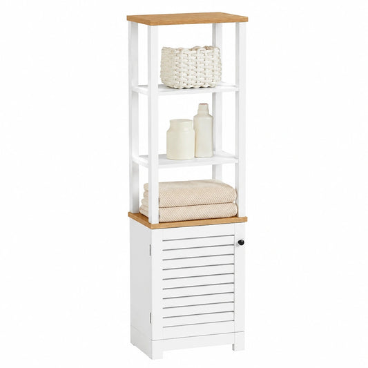 Armario Alto de Baño SoBuy con Puerta de Lamas y Estantes Abiertos, Blanco/Natural, 40x160x30 cm